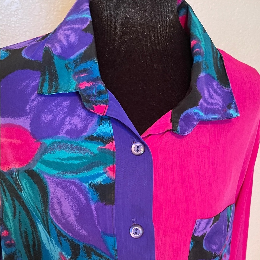 Colorblock Floral Button-Up Shirt - Pink, Purple, Teal - Picture 2 of 8
